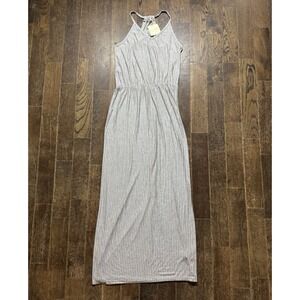 Olivia Rae Maxi Dress Gray White Striped Halter Pleated Sleeveless V-Neck Large
